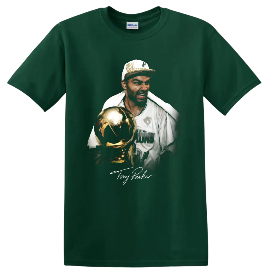 Tony Parker championship trophy portrait with 2014 cap and signature on a Forest Green T Shirt