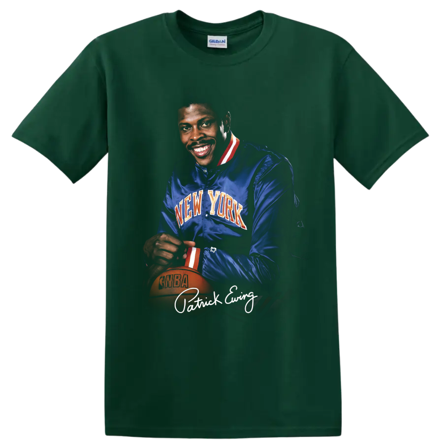 Patrick Ewing New York Knicks vintage portrait with basketball and signature-style text on a Forest Green T Shirt