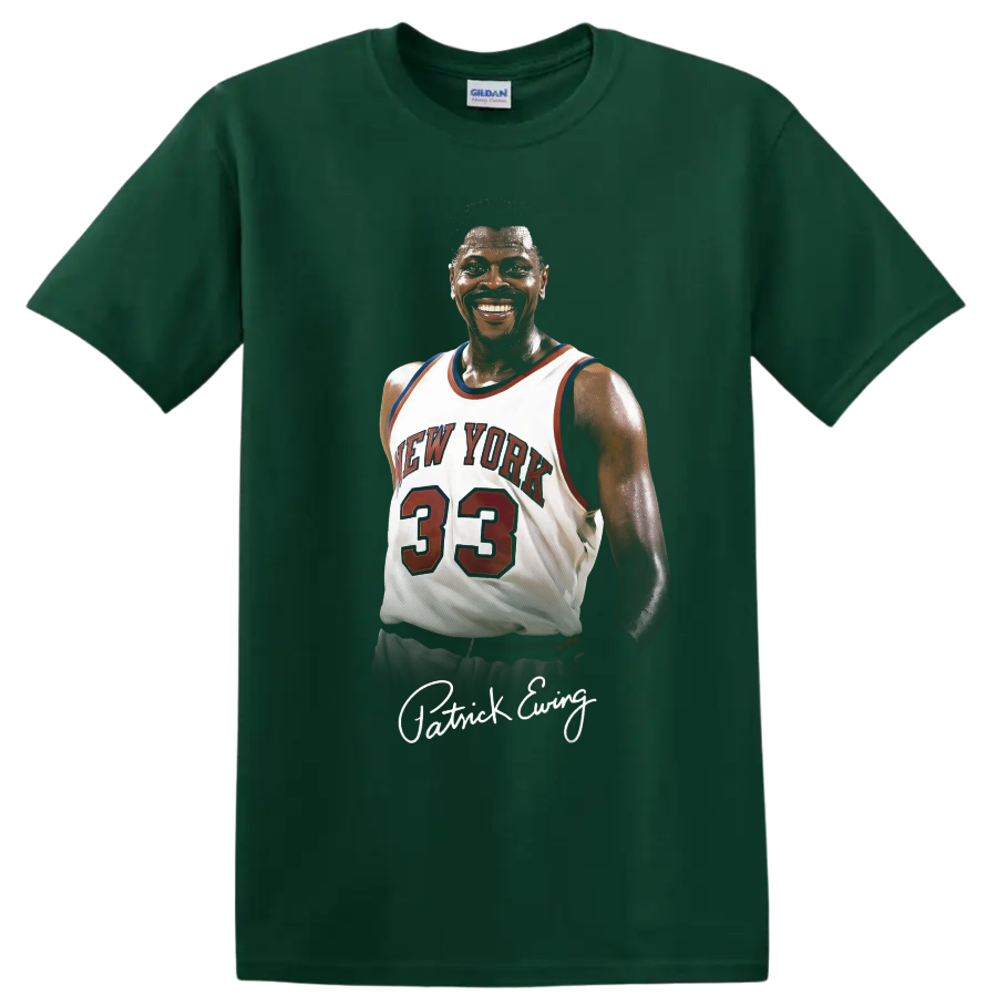 Patrick Ewing New York Knicks number 33 basketball portrait with signature-style name on a Forest Green T Shirt