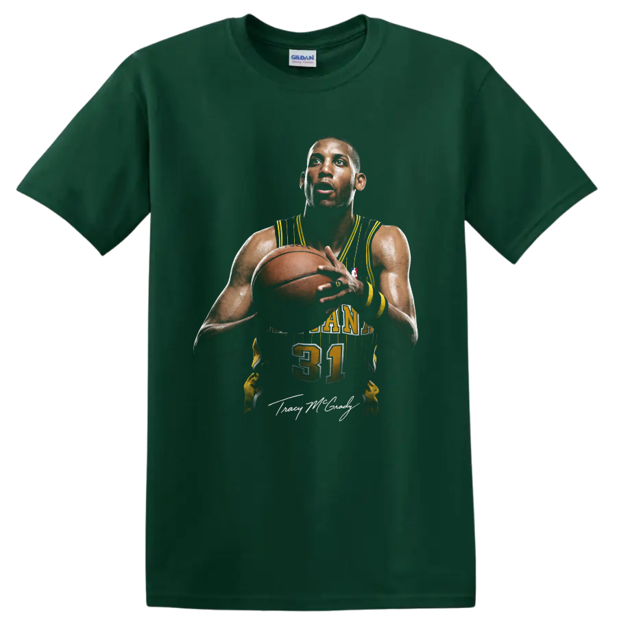 Reggie Miller Indiana Pacers number 31 basketball portrait with signature-style detail on a Forest Green T Shirt