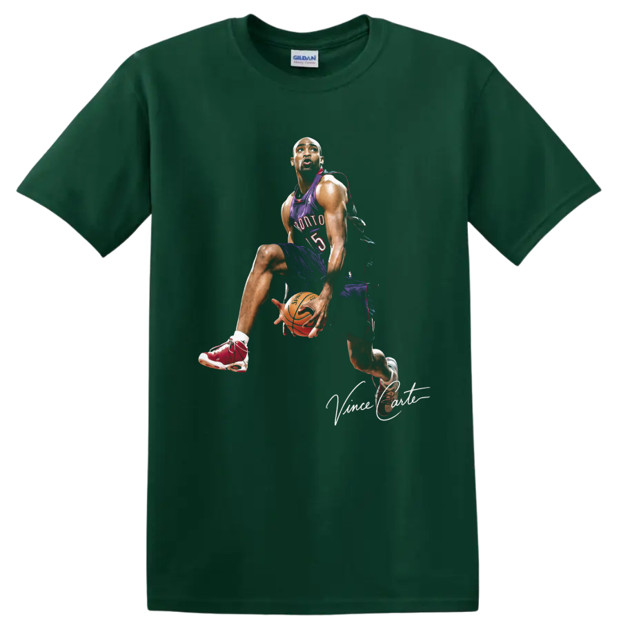 Vince Carter in Toronto Raptors number 15 uniform with basketball and signature graphic on a Forest Green T Shirt