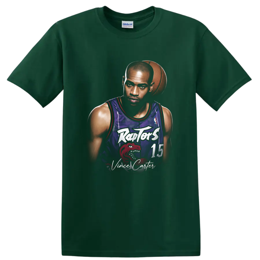 Vince Carter Toronto Raptors basketball portrait with number 15 jersey and signature text on a Forest Green T Shirt