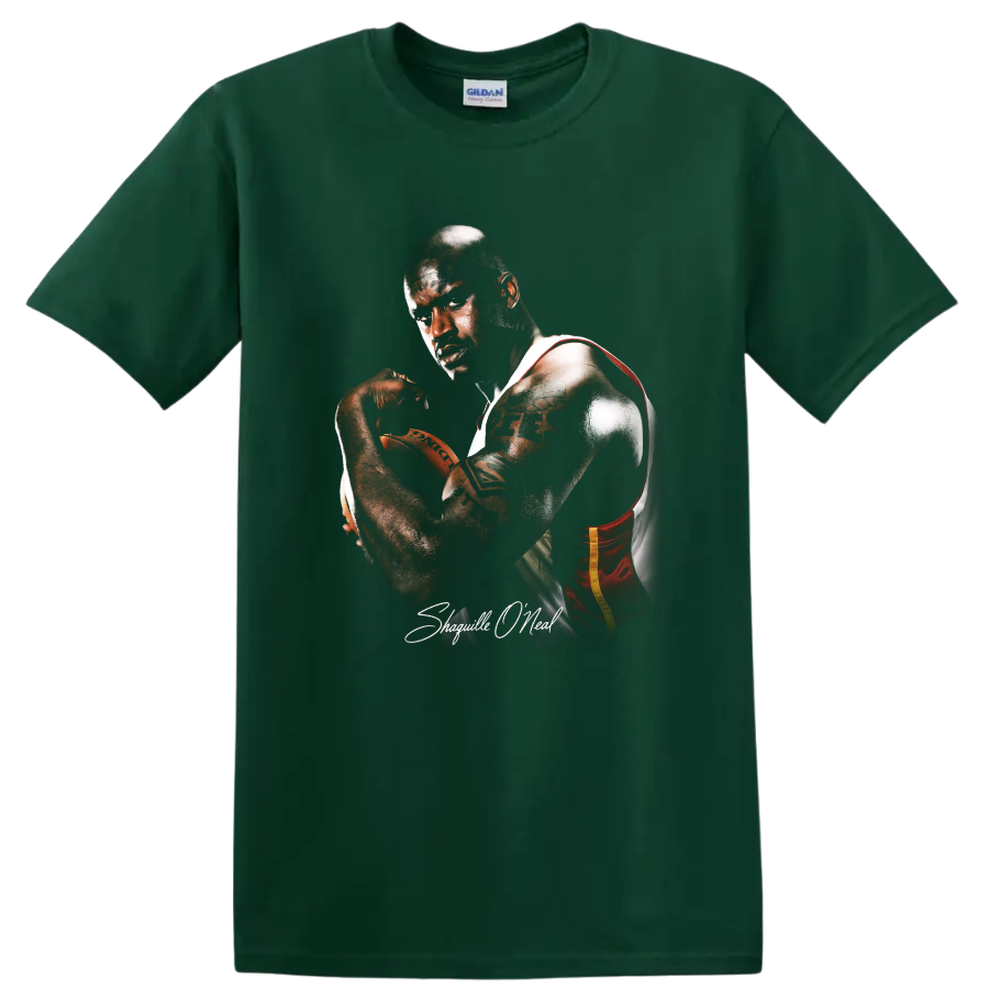 Shaquille O'Neal Miami Heat basketball portrait with a ball and signature-style text on a Forest Green T Shirt