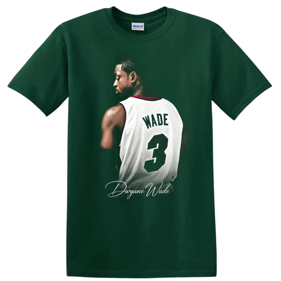 Dwyane Wade Miami Heat number 3 jersey portrait with distressed lettering and signature on a Forest Green T Shirt