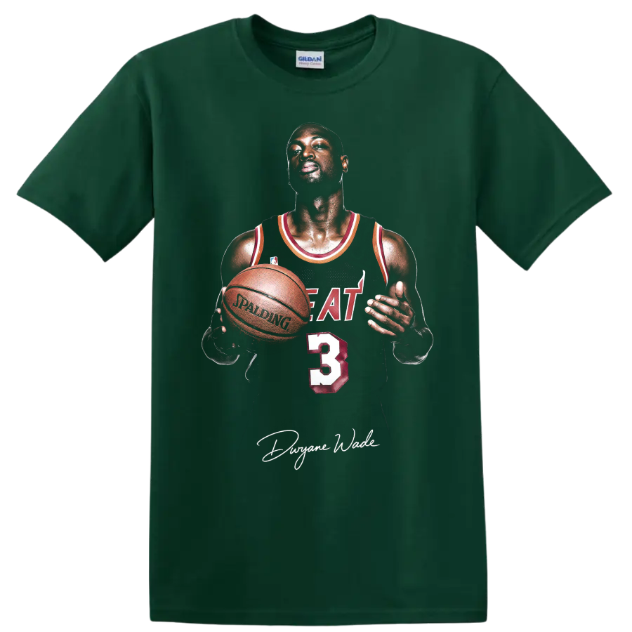 Dwyane Wade Miami Heat number 3 basketball portrait with signature-style graphic on a Forest Green T Shirt