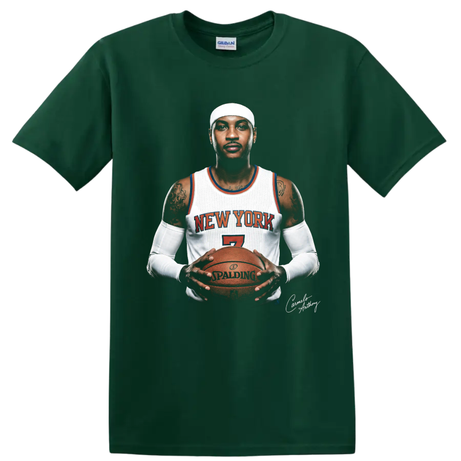 Carmelo Anthony New York number 7 basketball portrait holding a game ball on a Forest Green T Shirt