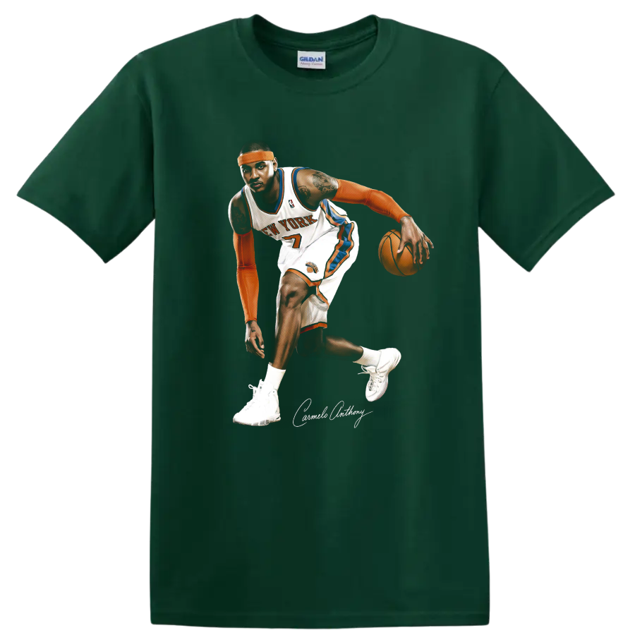 Carmelo Anthony New York Knicks dribbling basketball action illustration with signature on a Forest Green T Shirt