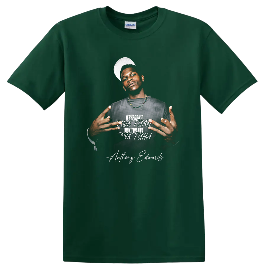 Anthony Edwards Minnesota Timberwolves portrait with layered lettering and on a Forest Green T Shirt