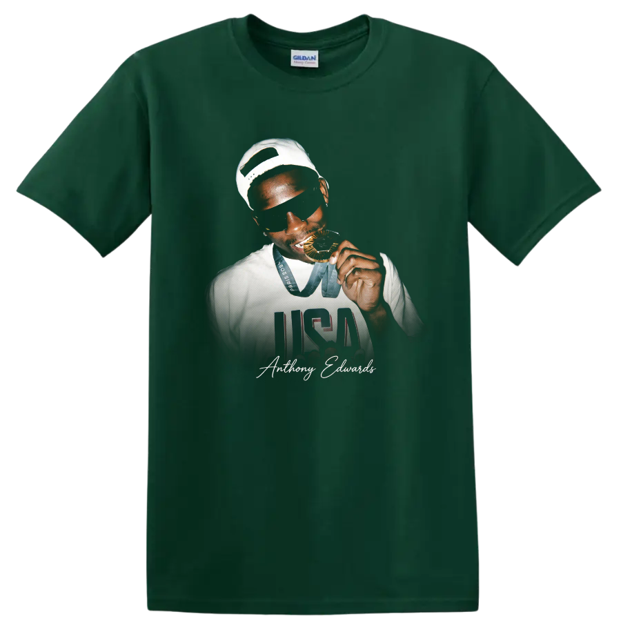 Anthony Edwards Team USA medal portrait with USA jersey graphic and signature on a Forest Green T Shirt