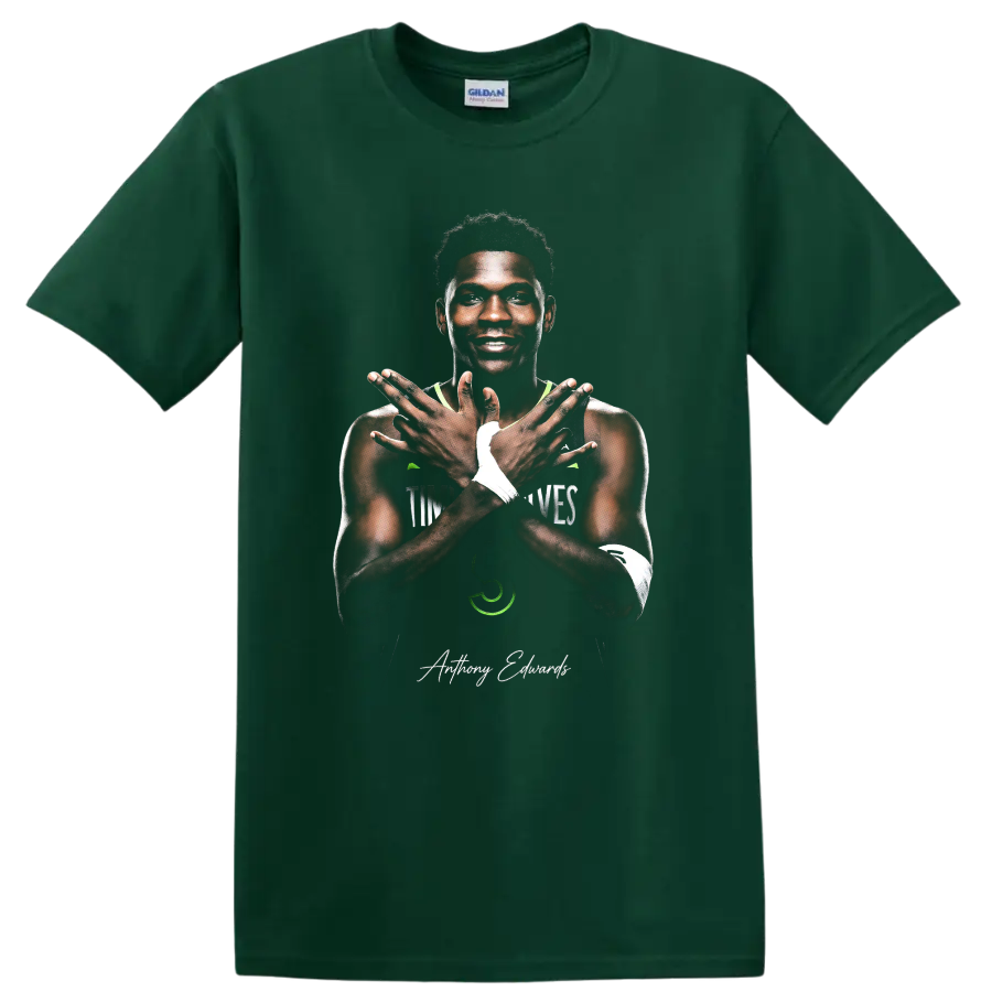Anthony Edwards crossed-arms basketball portrait with Minnesota Timberwolves accents on a Forest Green T Shirt