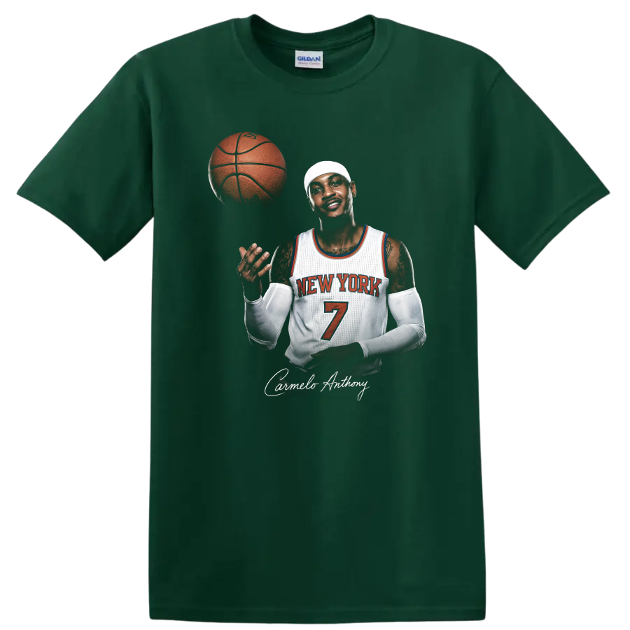 Carmelo Anthony New York Knicks number 7 basketball portrait with floating ball on a Forest Green T Shirt