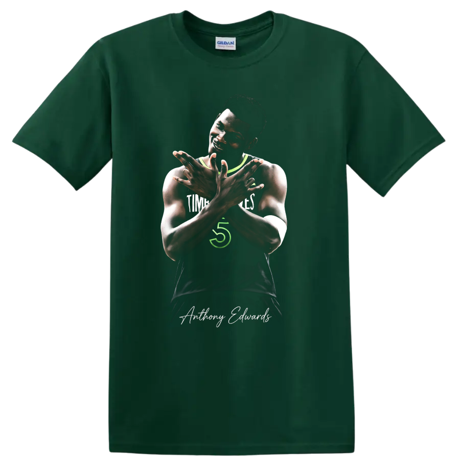 Anthony Edwards Minnesota Timberwolves crossed-arm basketball portrait with signature on a Forest Green T Shirt