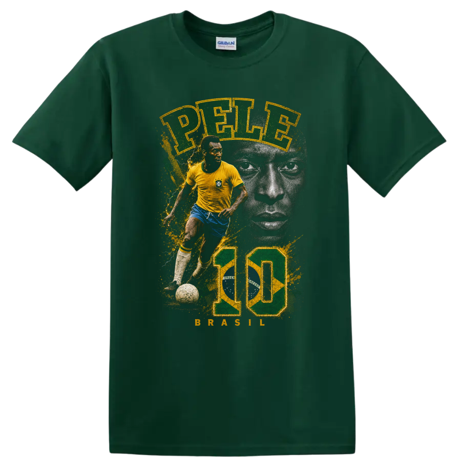 Pelé Brazil soccer graphic print with action pose and grayscale portrait on a Forest Green T Shirt