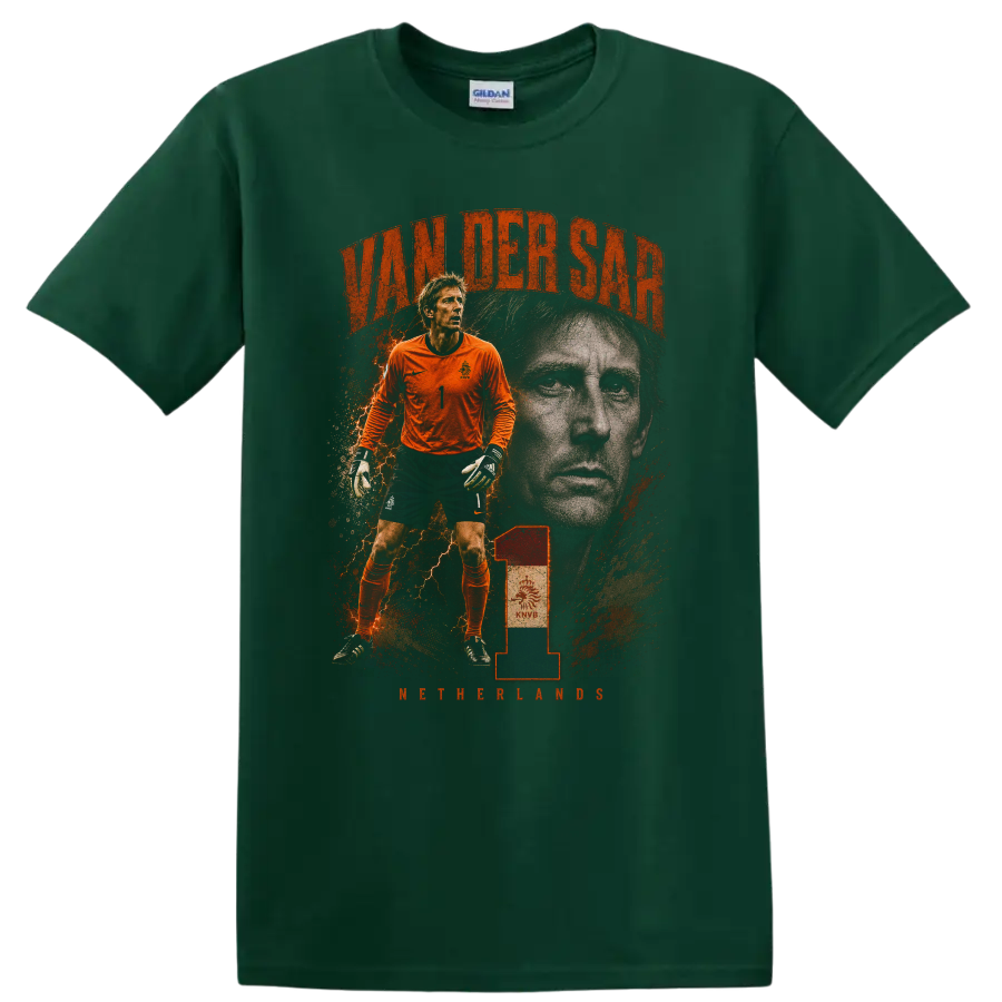 Edwin van der Sar Netherlands goalkeeper vintage soccer graphic on a Forest Green T Shirt