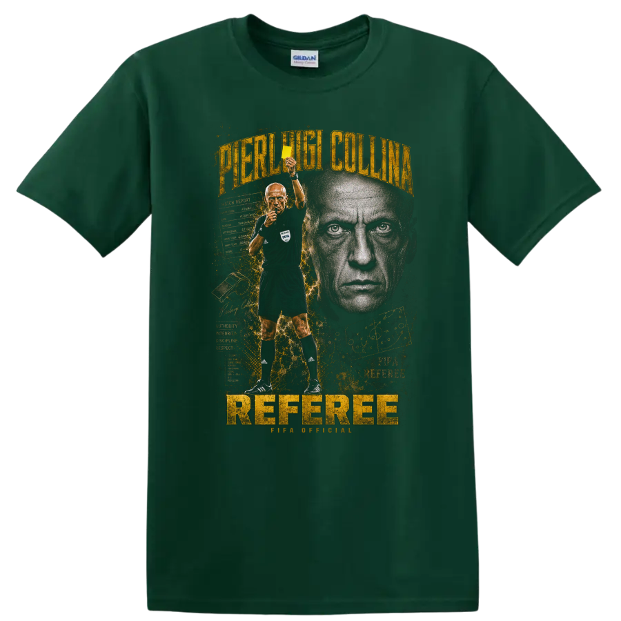 Pierluigi Collina referee portrait with yellow card and bold gold typography on a Forest Green T Shirt