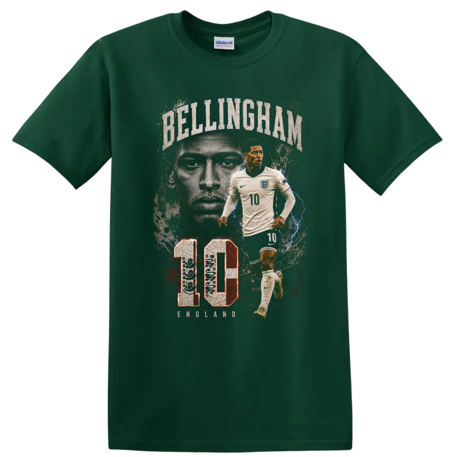 Jude Bellingham soccer action portrait with BELLINGHAM text and number 10 on a Forest Green T Shirt