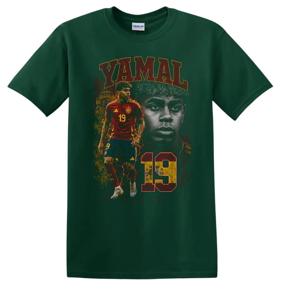 Lamine Yamal soccer portrait graphic with YAMAL and number 19 on a Forest Green T Shirt