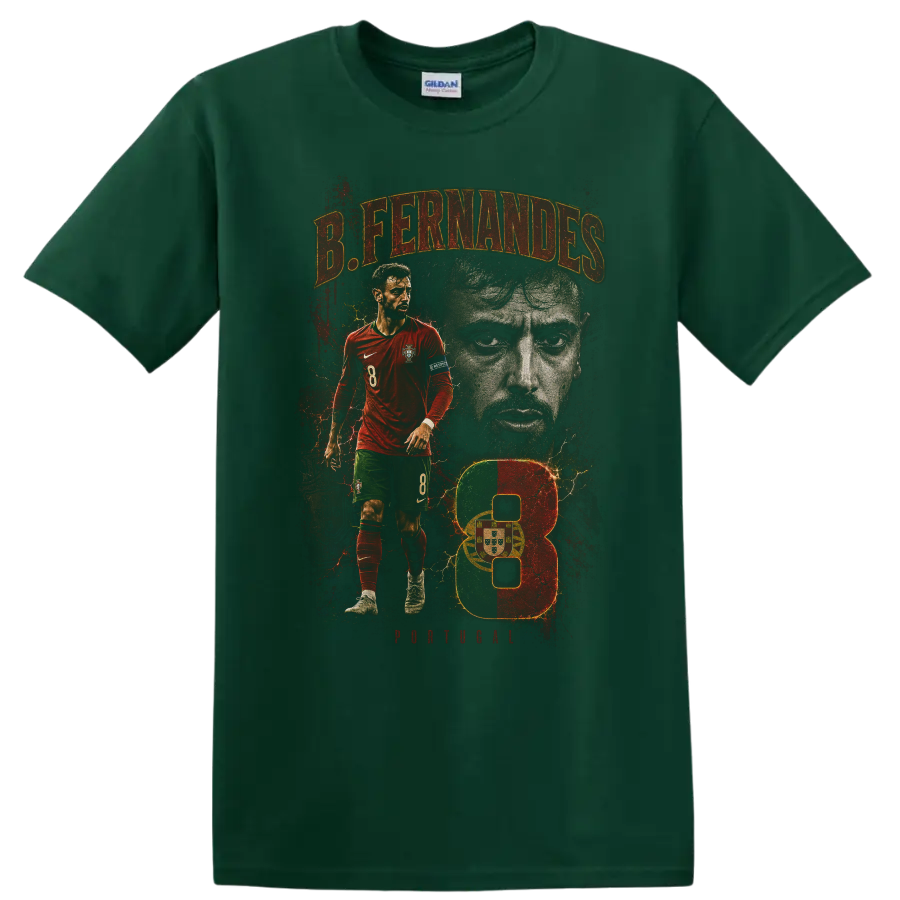 Bruno Fernandes Portugal soccer action portrait with number 8 graphic on a Forest Green T Shirt
