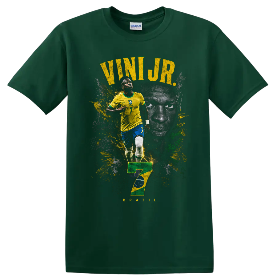 Vinícius Júnior Brazil soccer graphic with VINI JR. text and number 7 on a Forest Green T Shirt