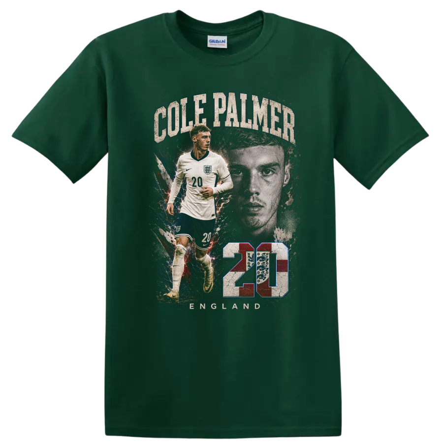 Cole Palmer England soccer Graphic print with number 20 and portrait on a Forest Green T Shirt