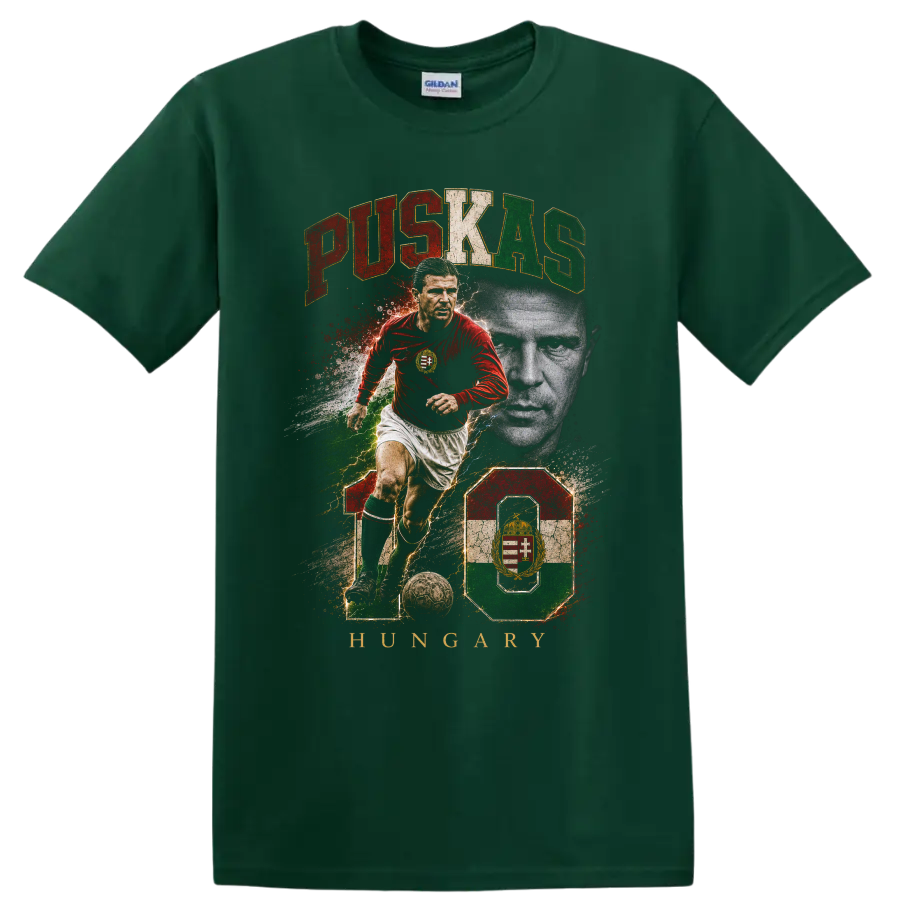 Ferenc Puskás Hungary soccer graphic with portrait, action pose, and number 10 on a Forest Green T Shirt