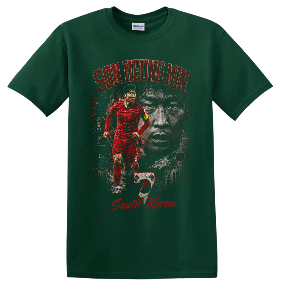 Son Heung-min South Korea distressed soccer graphic with portrait and flag on a Forest Green T Shirt
