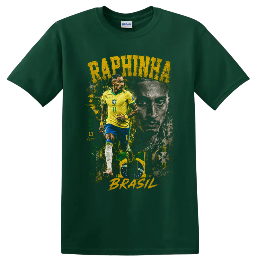 Raphinha Brazil soccer collage with action pose and portrait on a Forest Green T Shirt