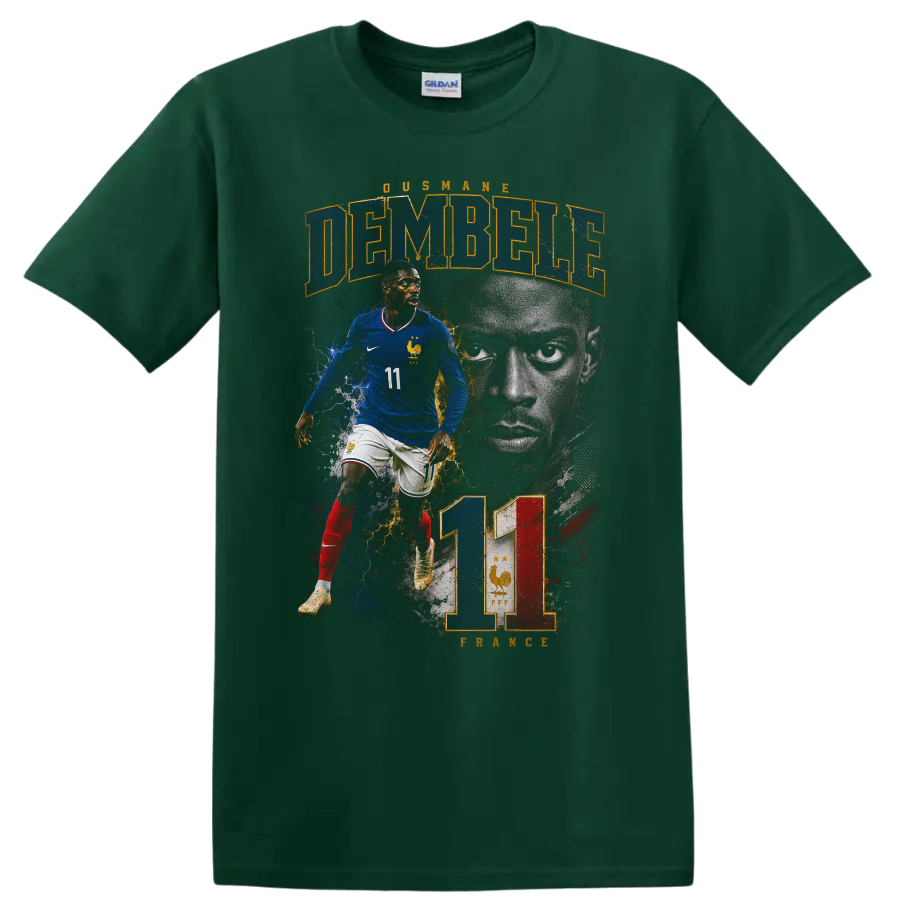 Ousmane Dembélé France soccer graphic with DEMBÉLÉ and number 11 on a Forest Green T Shirt
