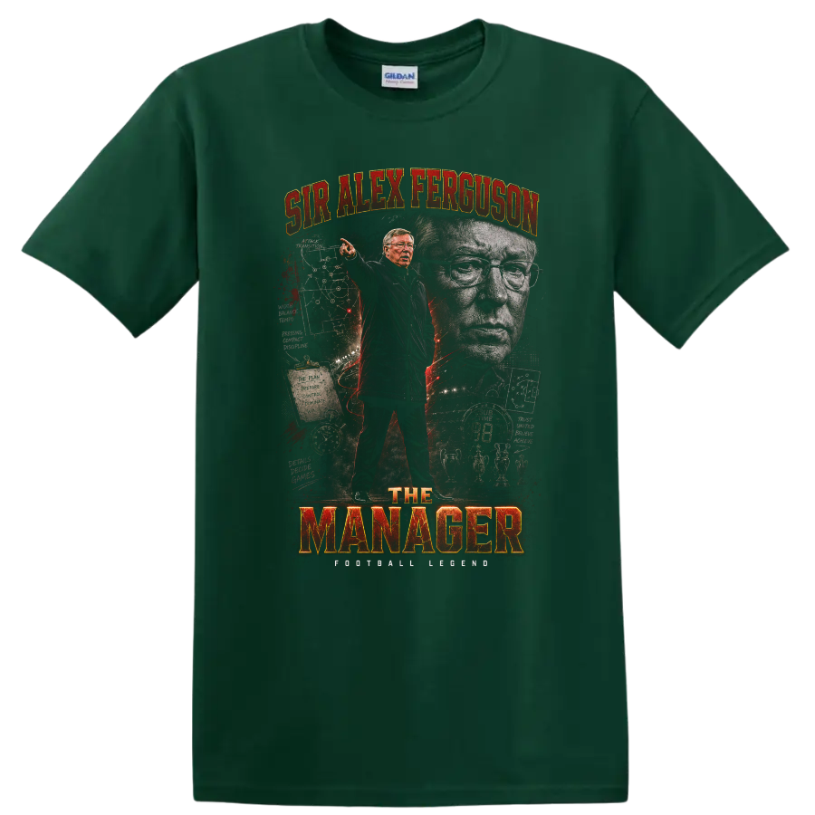Sir Alex Ferguson Manchester United manager graphic with red and gold lettering on a Forest Green T Shirt