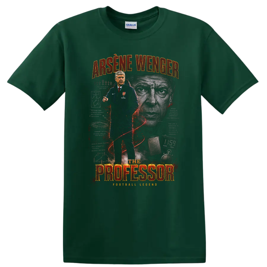 Arsene Wenger The Professor vintage soccer coach graphic print on a Forest Green T Shirt