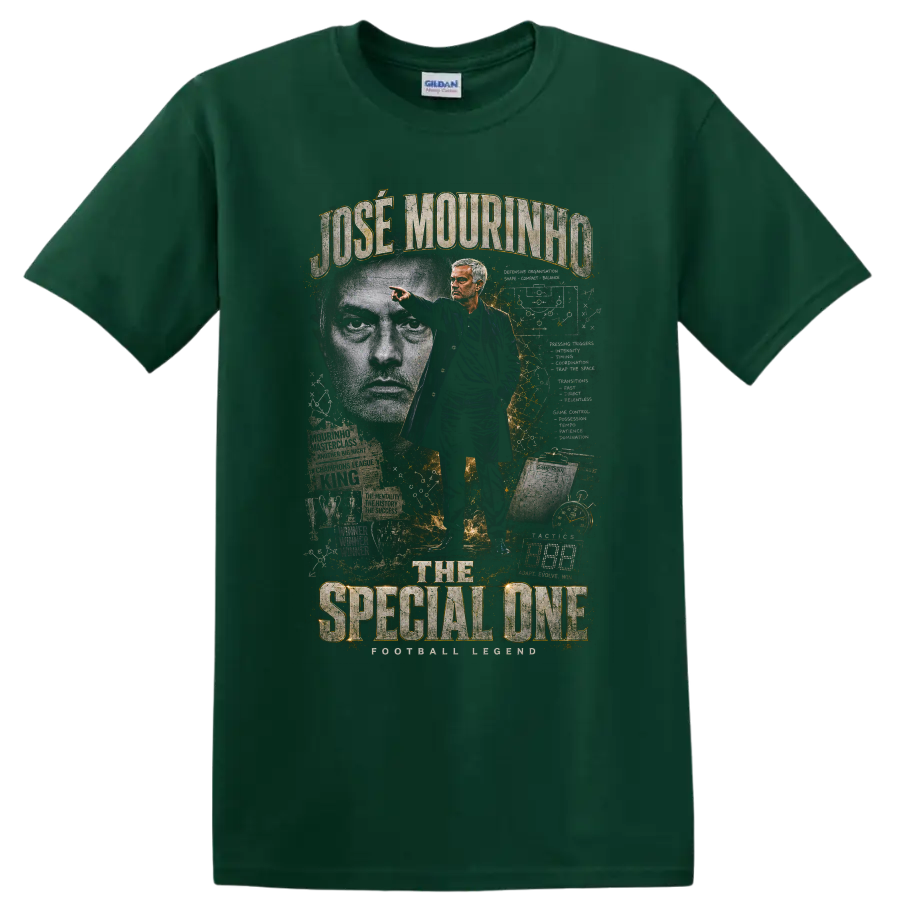 José Mourinho Real Madrid soccer coach portrait with The Special One text on a Forest Green T Shirt