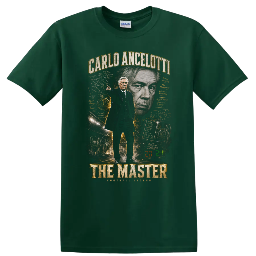 Carlo Ancelotti The Master soccer coach portrait graphic print on a Forest Green T Shirt