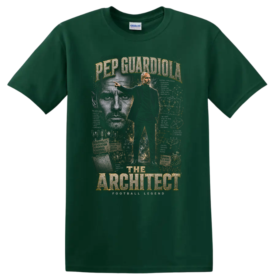 Pep Guardiola Manchester City tactical collage with The Architect text on a Forest Green T Shirt