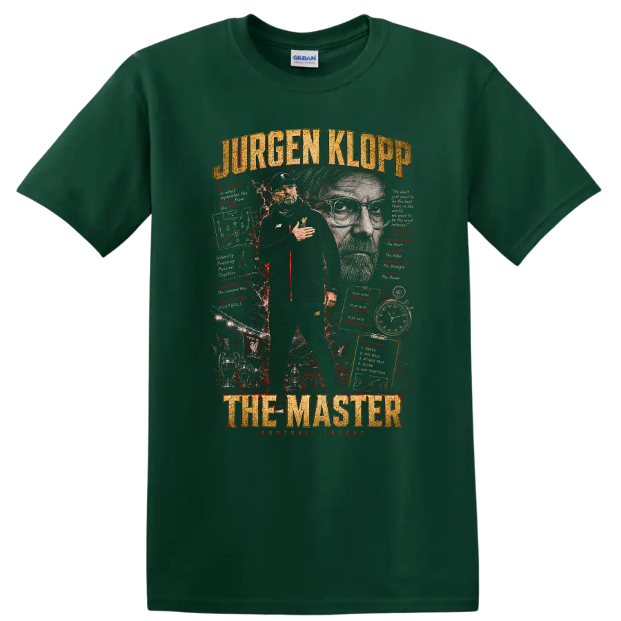 Jürgen Klopp Liverpool FC soccer coach collage with The Master text on a Forest Green T Shirt