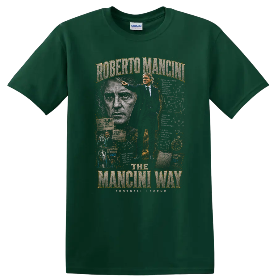 Roberto Mancini Italy soccer coach collage with The Mancini Way text on a Forest Green T Shirt