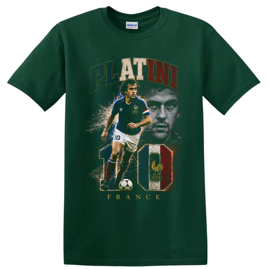 Michel Platini France soccer player vintage graphic with PLATINI text on a Forest Green T Shirt