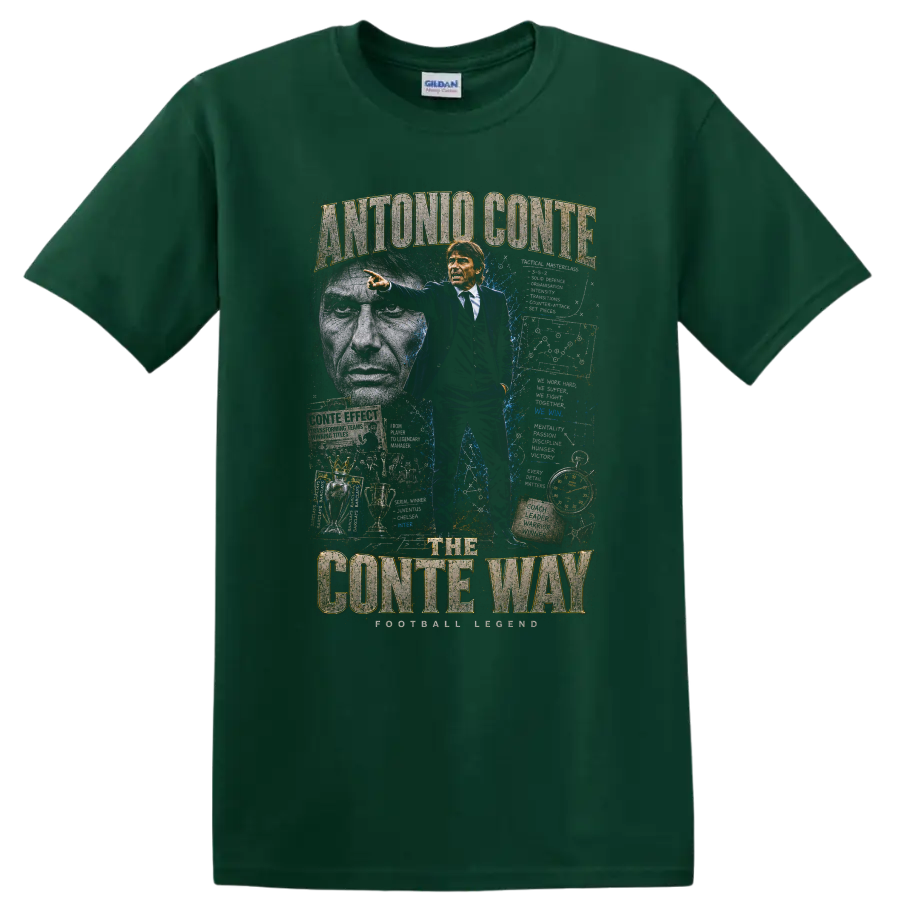 Antonio Conte The Conte Way soccer coach collage graphic print on a Forest Green T Shirt