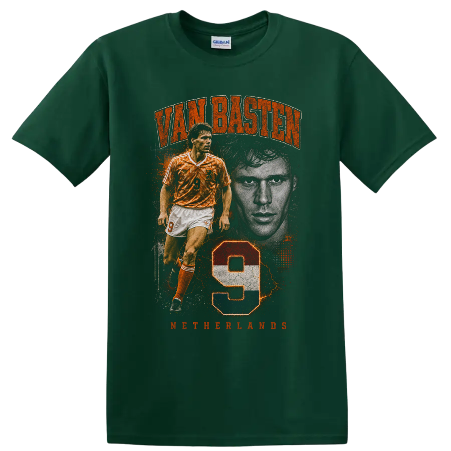 Marco van Basten Netherlands number 9 distressed soccer portrait design on a Forest Green T Shirt