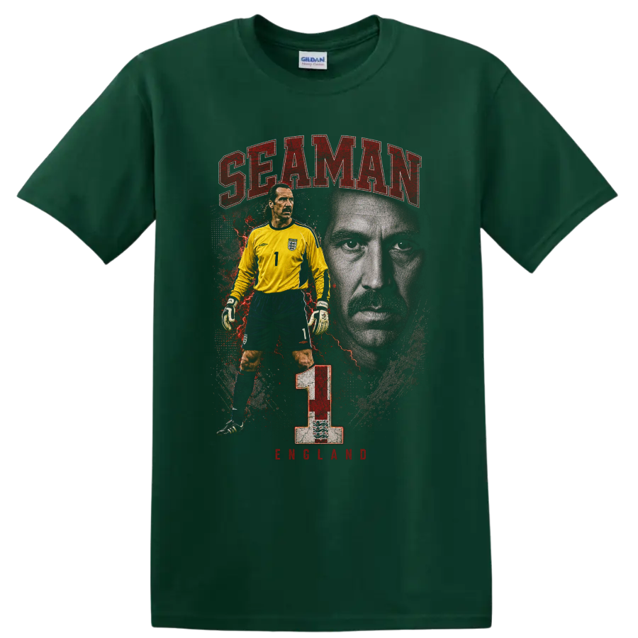 David Seaman Arsenal goalkeeper retro soccer portrait with number 1 on a Forest Green T Shirt