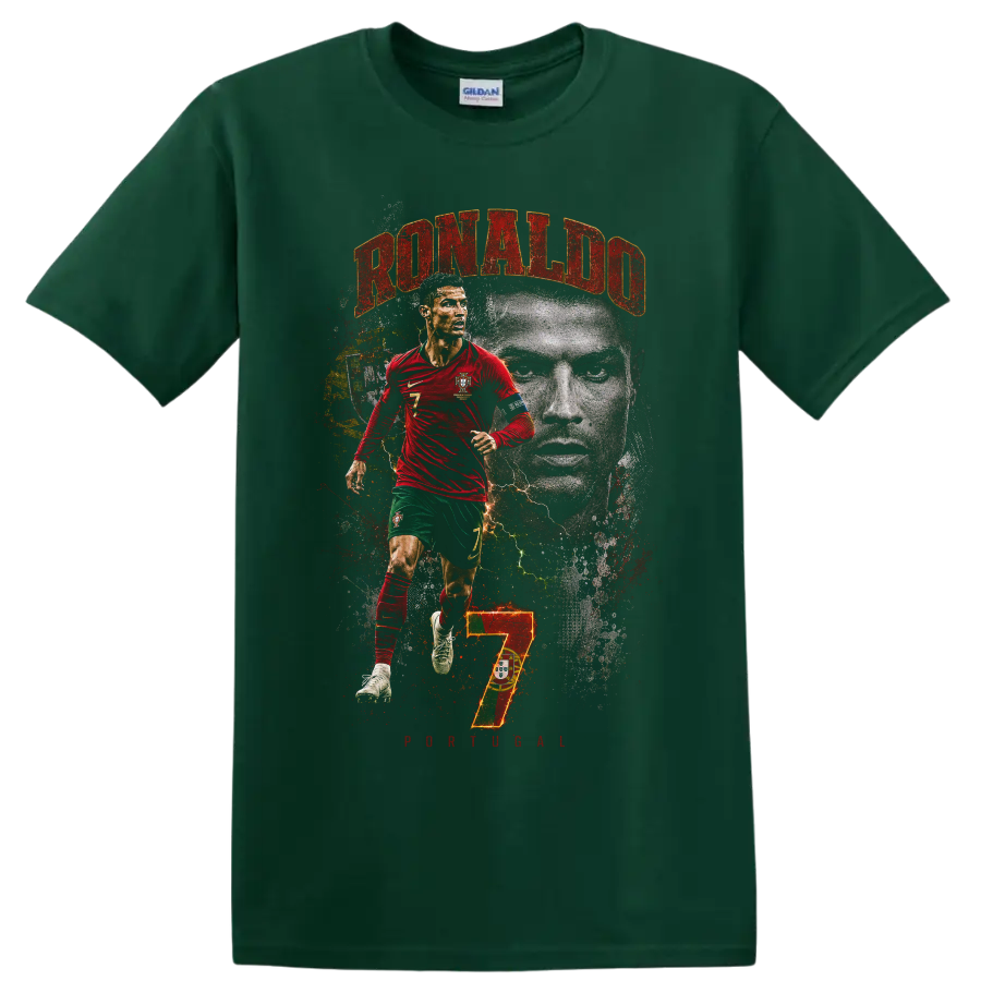 Cristiano Ronaldo Portugal soccer graphic with RONALDO and number 7 on a Forest Green T Shirt