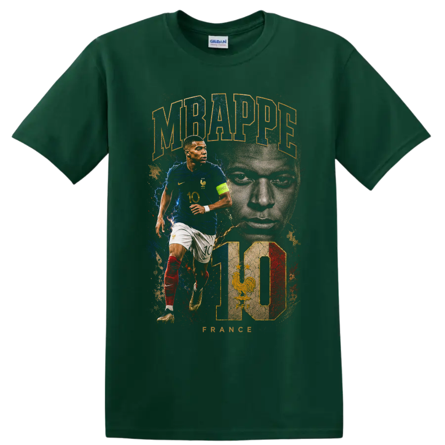 Kylian Mbappé France soccer action portrait graphic with number 10 on a Forest Green T Shirt