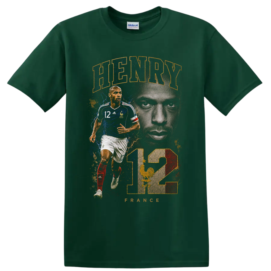 Thierry Henry France soccer tribute graphic with number 12 on a Forest Green T Shirt