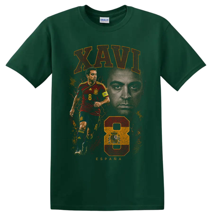 Xavi Hernández Spain soccer tribute graphic with portrait and number 8 on a Forest Green T Shirt
