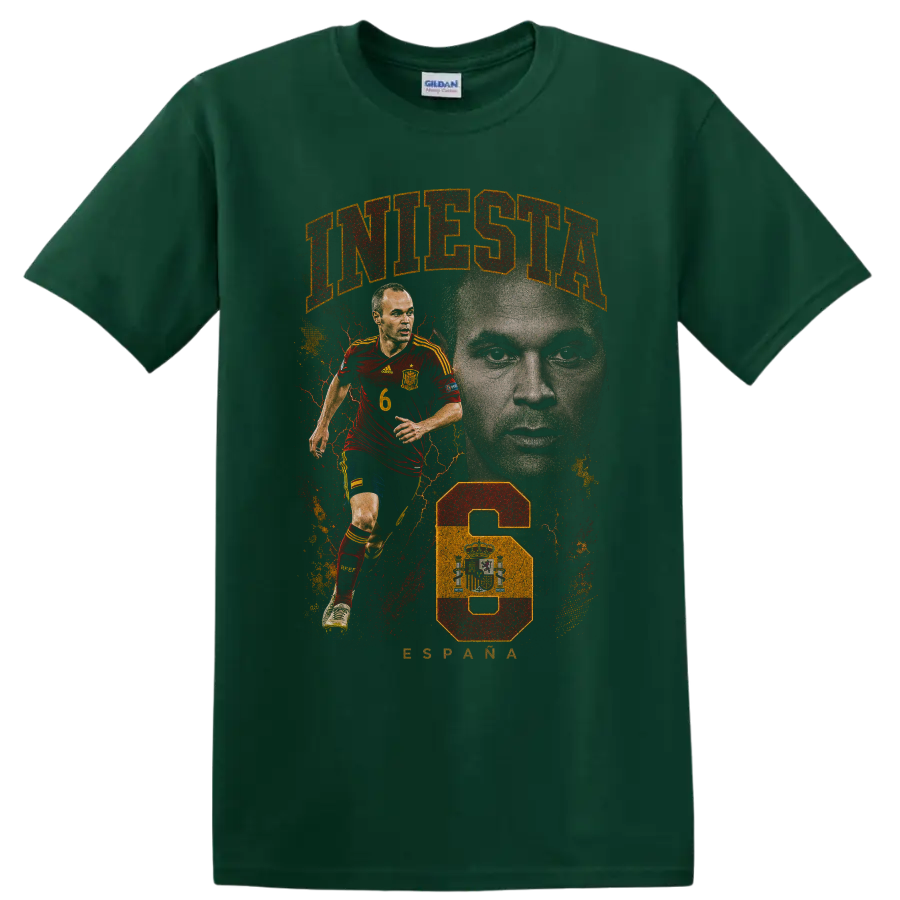 Xavi Hernández Spain soccer action portrait graphic print on a Forest Green T Shirt