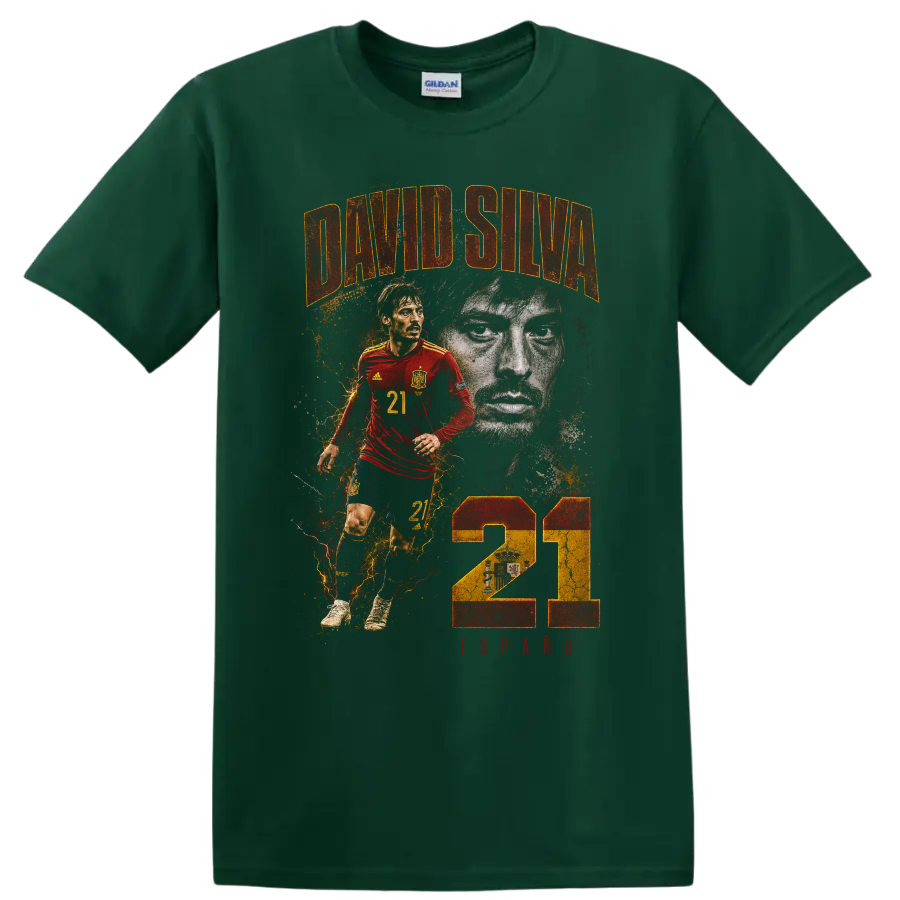 David Silva Spain soccer portrait and action graphic with number 21 on a Forest Green T Shirt