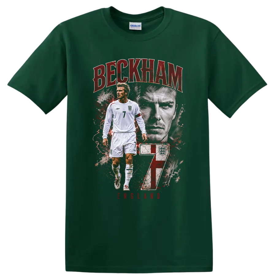 David Beckham England number 7 soccer portrait graphic on a Forest Green T Shirt