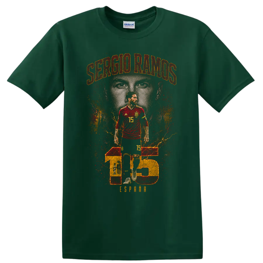 Sergio Ramos Spain soccer portrait with name and number 15 graphic on a Forest Green T Shirt