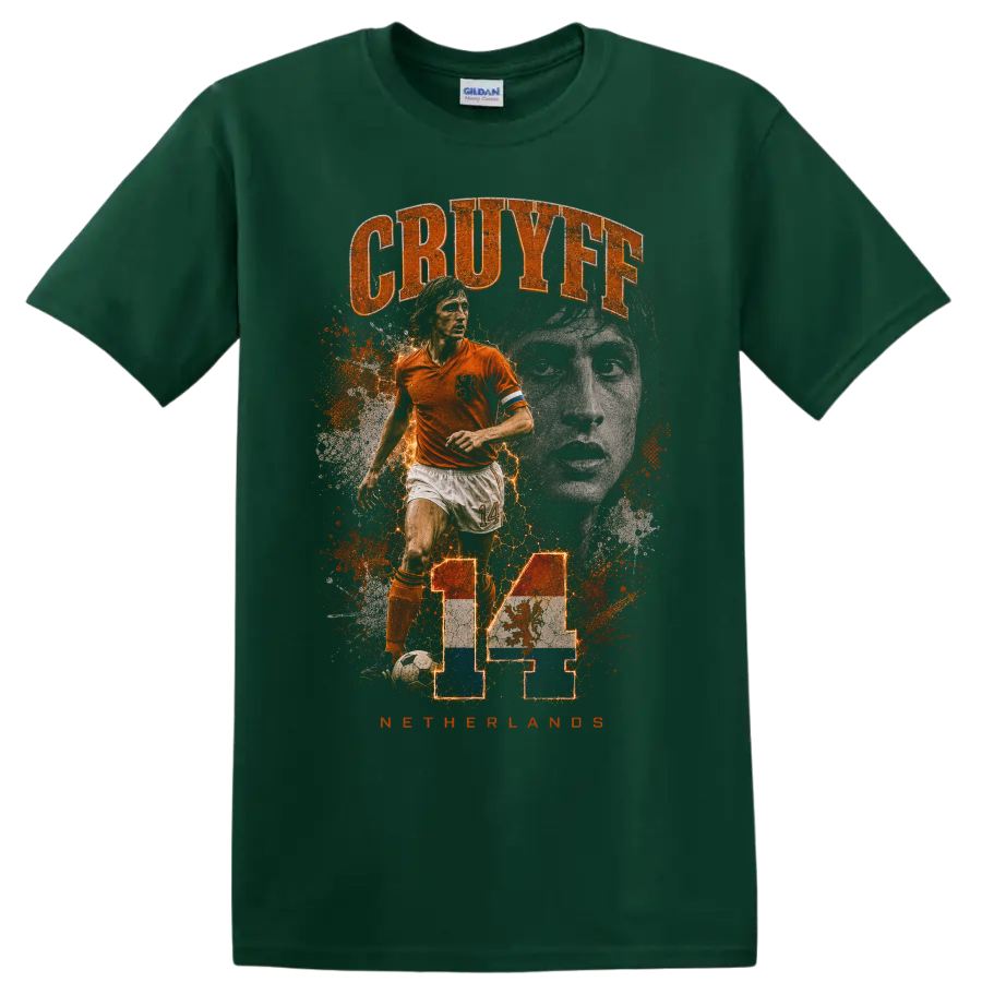 Johan Cruyff Netherlands soccer collage with CRUYFF and number 14 on a Forest Green T Shirt