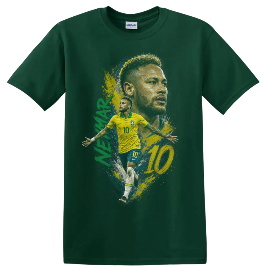 Neymar Brazil soccer player number 10 portrait and action graphic on a Forest Green T Shirt