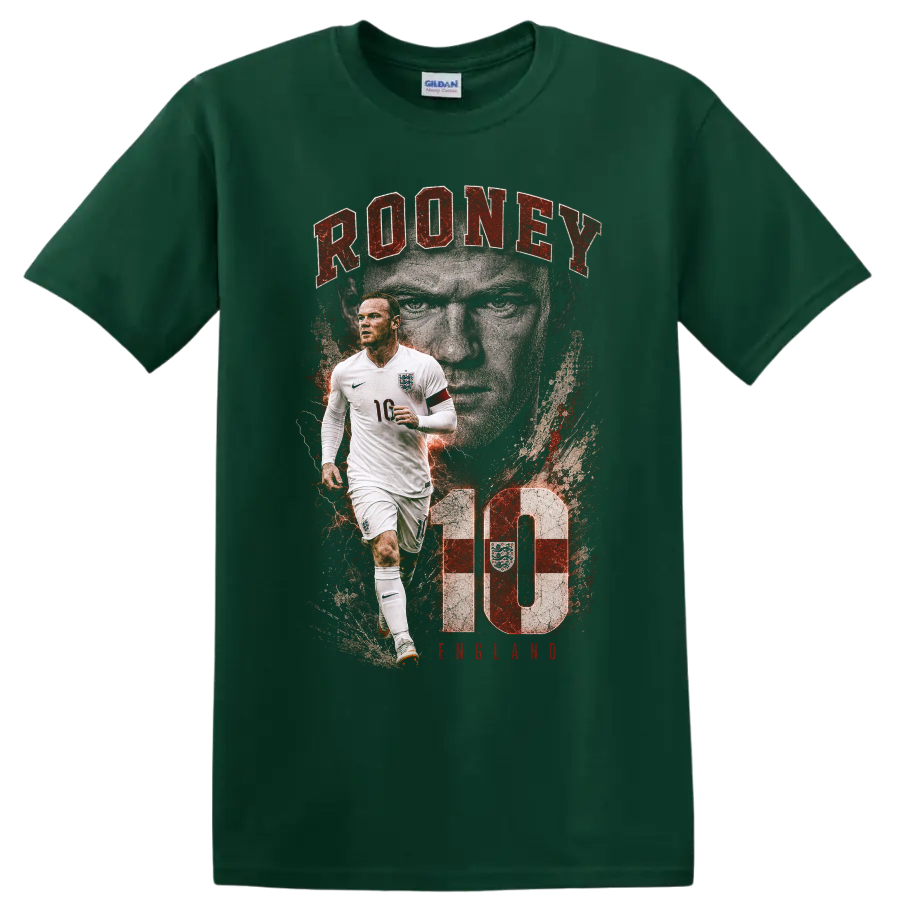 Wayne Rooney England soccer graphic with portrait and number 10 on a Forest Green T Shirt